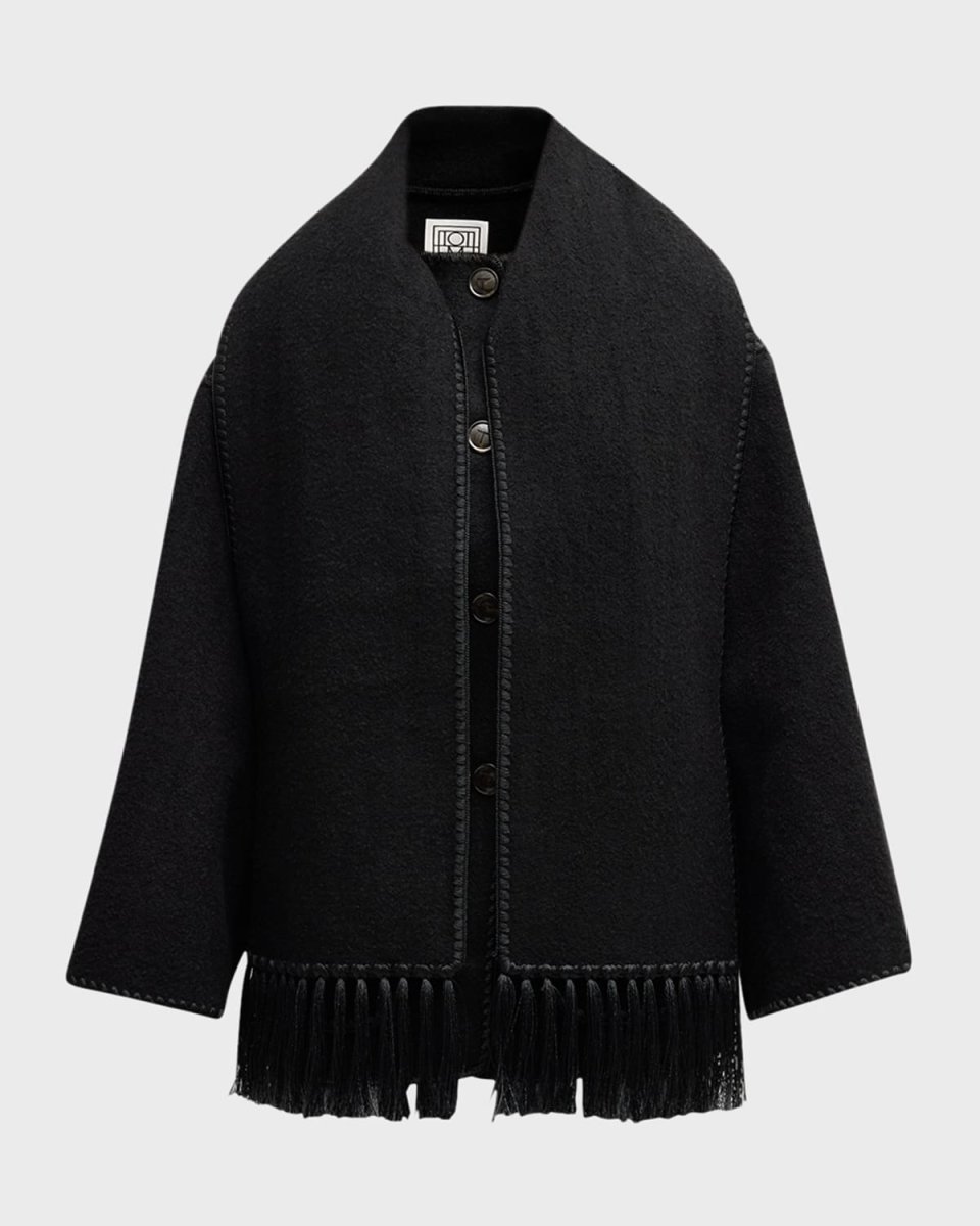 Embroidered Fringe-Trim Scarf Wool Jacket